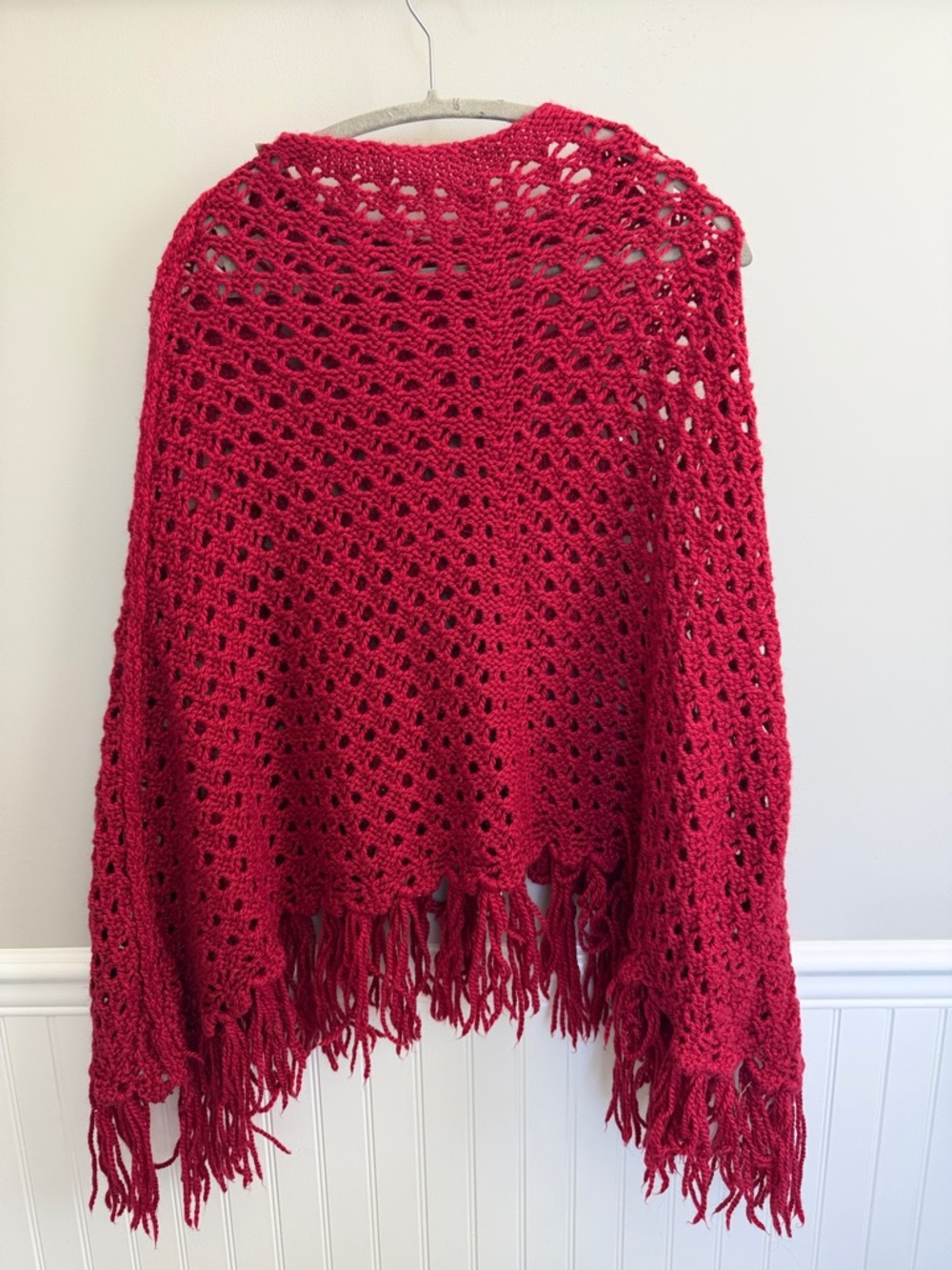 Women's Vintage Reddish maroon Crochet Fringe Poncho Sweater